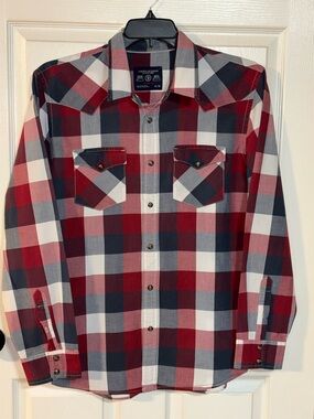 American Eagle Outfitters Red, Navy & White Plaid Western Button-Down Shirt